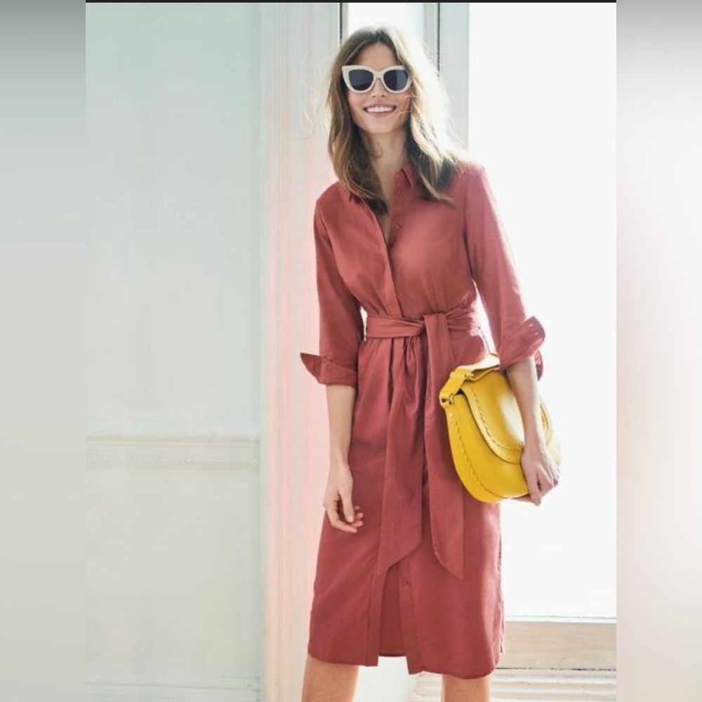 Boden Size 8 Muted Coral/Rust Linen Blend Midi Shirt Dress w 3/4 sleeves